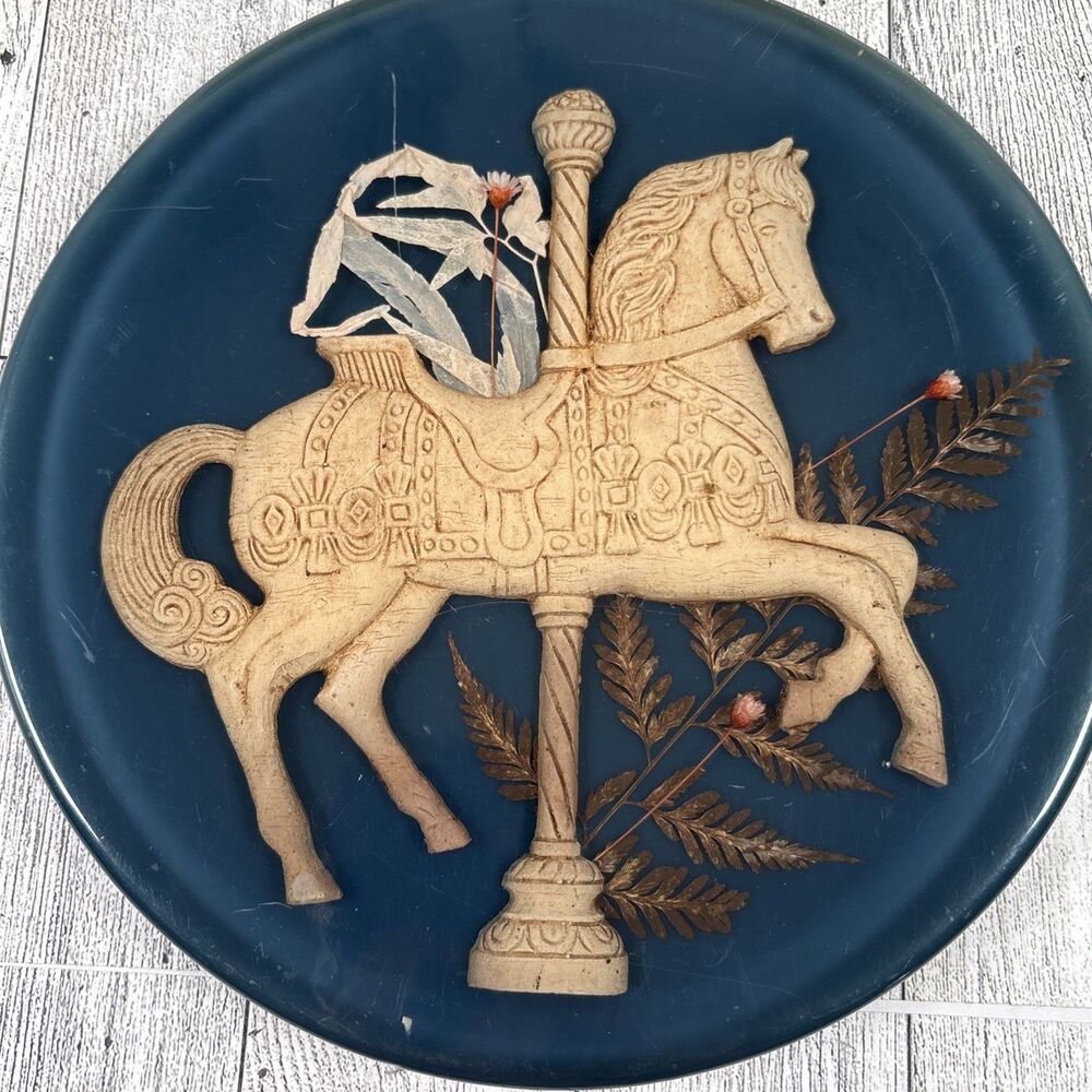 Vtg Lucite Acrylic Trivet Pan Pot Holder Plaque Carousel Horse Blue 8”
